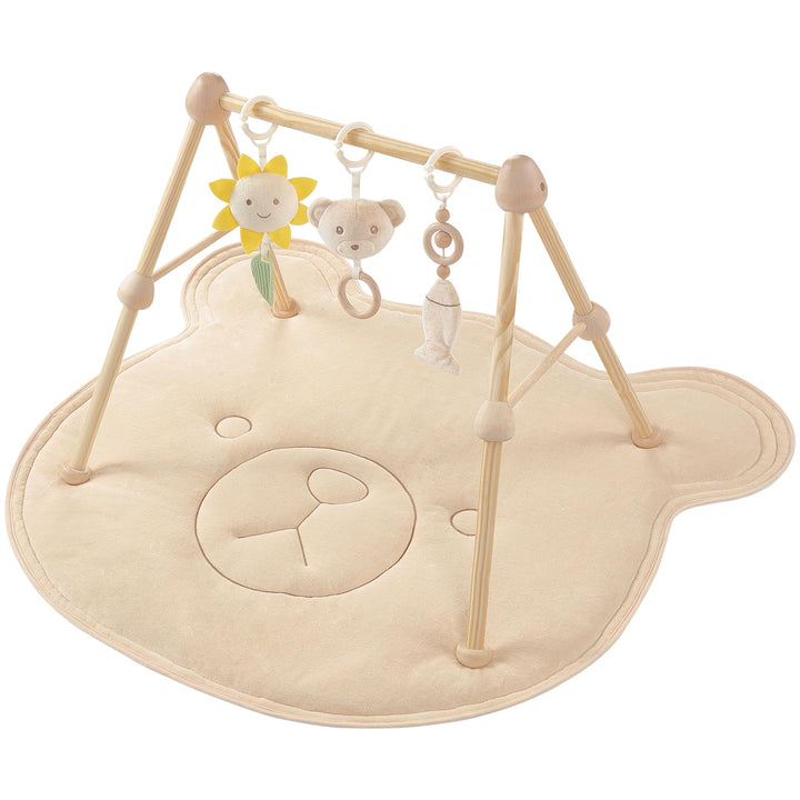 4 IN 1 Bär Spielbogen Baby, Spielmatte Babies mit Natur Holz Activity Spielbogen, 3 abnehmbaren Spie