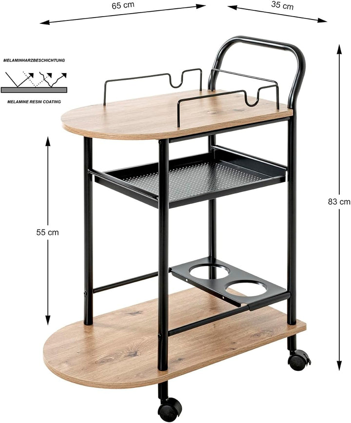 HAKU Küchenwagen Eiche hell, schwarz, MDF, Metall - Masse: B 65 x H 83 x T 35 cm, Style: Modern
