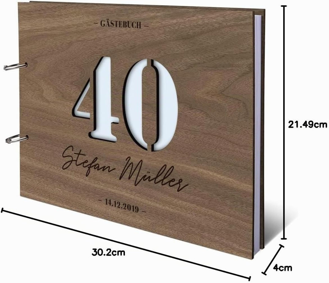 Individuelles Gästebuch zum 40. Geburtstag – Echtes Holz mit Persönlicher Gravur, Zahl ausgestanzt –
