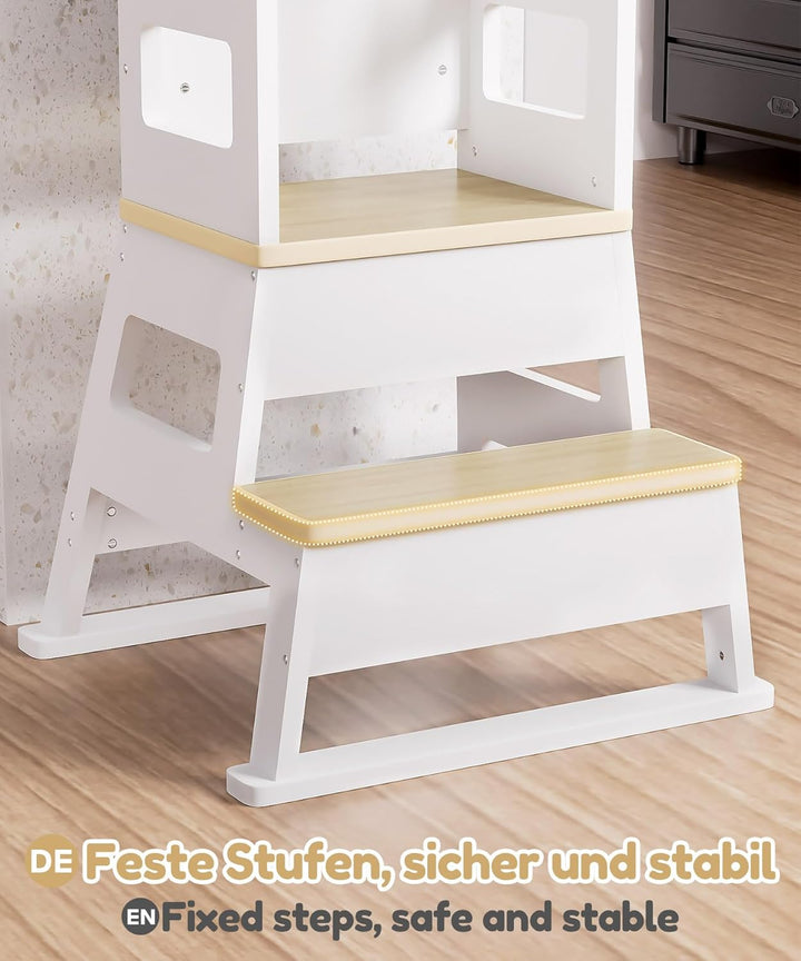 Yorbay Kinder Lernturm ab 1 Jahr: Stylisch Learning Tower mit Tafel - Massiv Montessori Lernturm Kin