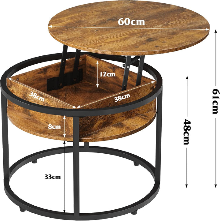 WLIVE Couchtisch Rund mit Hebeplatte, Wohnzimmertisch Höhenverstellbar mit Stauraum, 60 x 60 x 50 cm