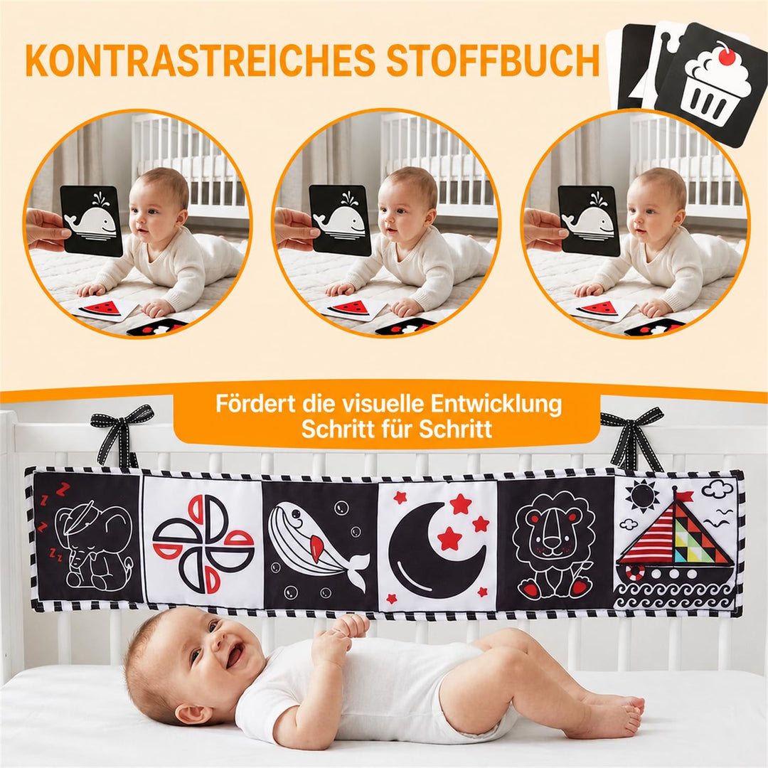 JoyCat Babyspielzeug 0-6 Monate, 6 in 1 Sensorik Baby Spielzeug mit Kontrastkarten, Schwarz Weiss Ko
