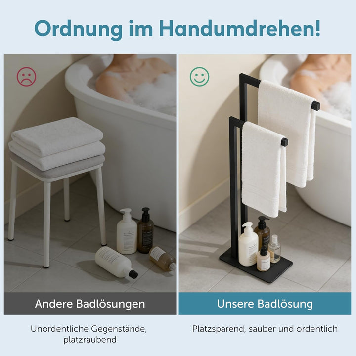 doporro Handtuchständer Freistehend, Handtuchhalter Stehend schwarz Edelstahl mit 2 Stangen, Badetuc