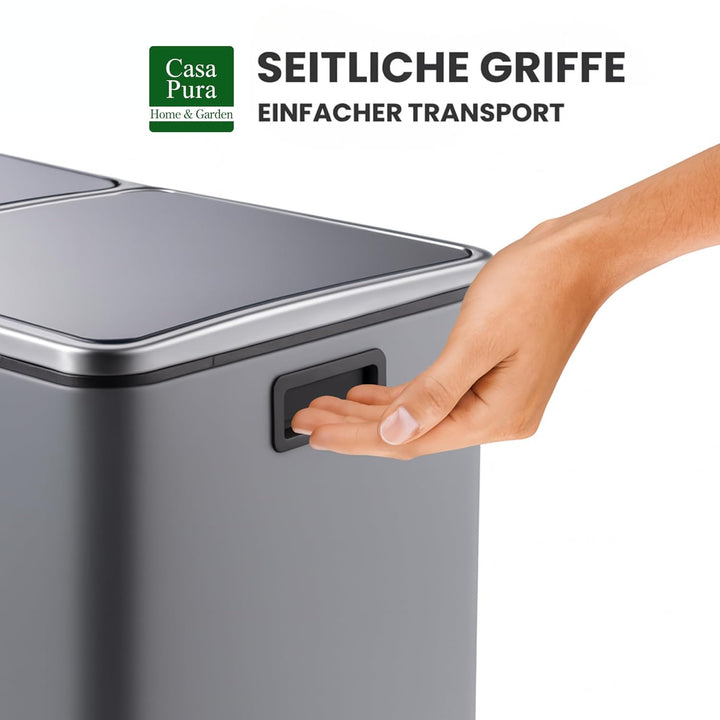 casa pura Mülleimer Küche 2×15L Grau | 2-Fach Mülltrennung, Treteimer Küche, Metall, Soft-Close, luf