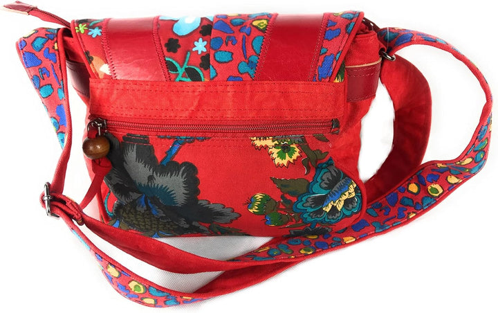 Macha Ethnische Baumwolltasche mit bunten Prints und Ledereinsätzen, Schultertasche aus Baumwolle un