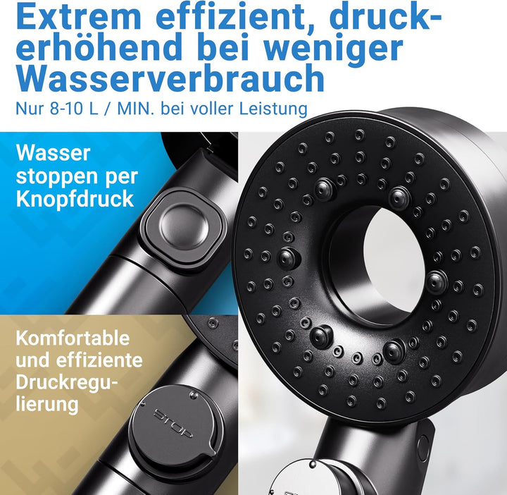 LOBENSWERK Duschkopf mit Filter [3 Modi - inkl. Booster] Duschkopf wassersparend mit Mineralperlen |