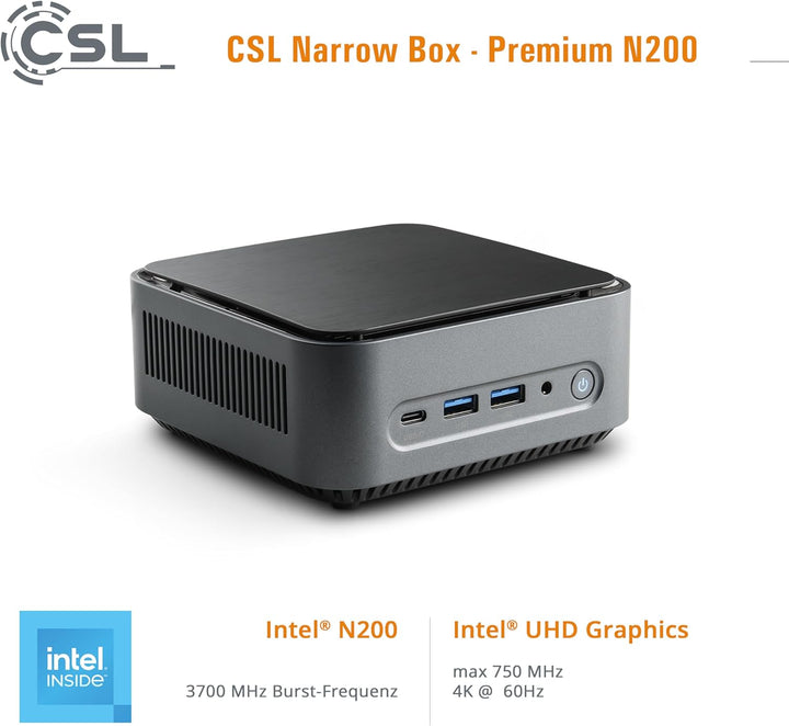 Mini PC CSL Narrow Box Premium Windows 11 Home lüfterlos, Intel N200 4X 3700 MHz Turbotakt, 500 GB M