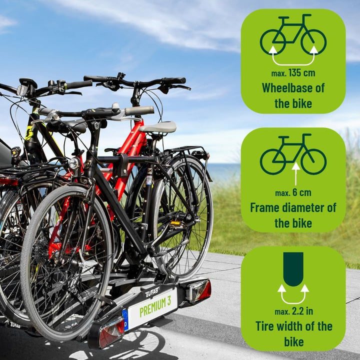 EUFAB 11522 Fahrradträger PREMIUM 3, für Anhängekupplung, klappbar, für 3 Fahrräder, schwarz, silber