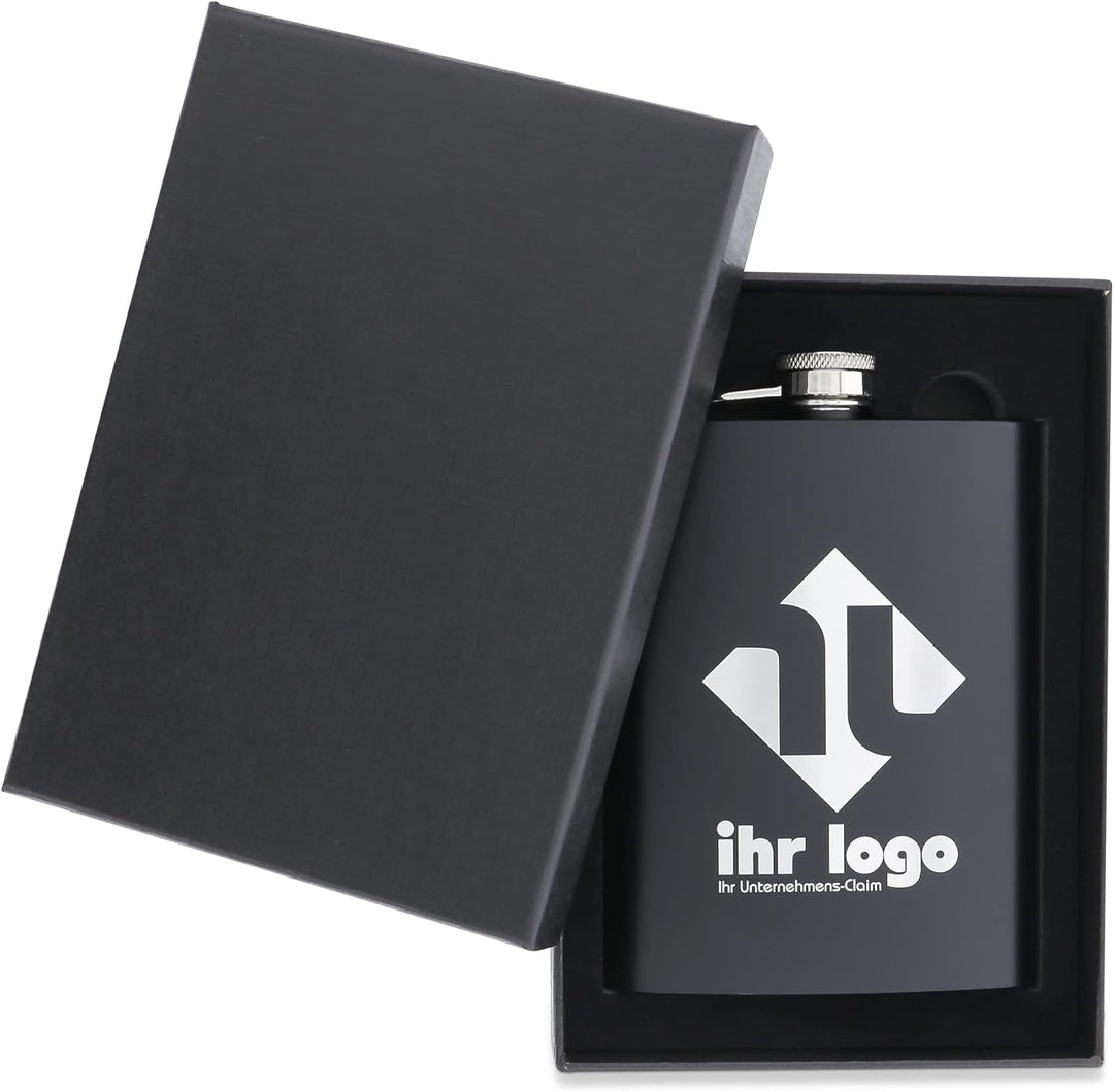 gravur-fabrik.de – personalisierbarer Flachmann in schwarz aus Edelstahl – Taschenflasche mit Wunsch