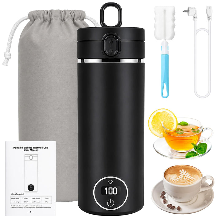 Skeufy 3-in-1 Reise Wasserkocher Klein mit Flaschenhülle &amp; Teesieb, Schwarz, Schwarz