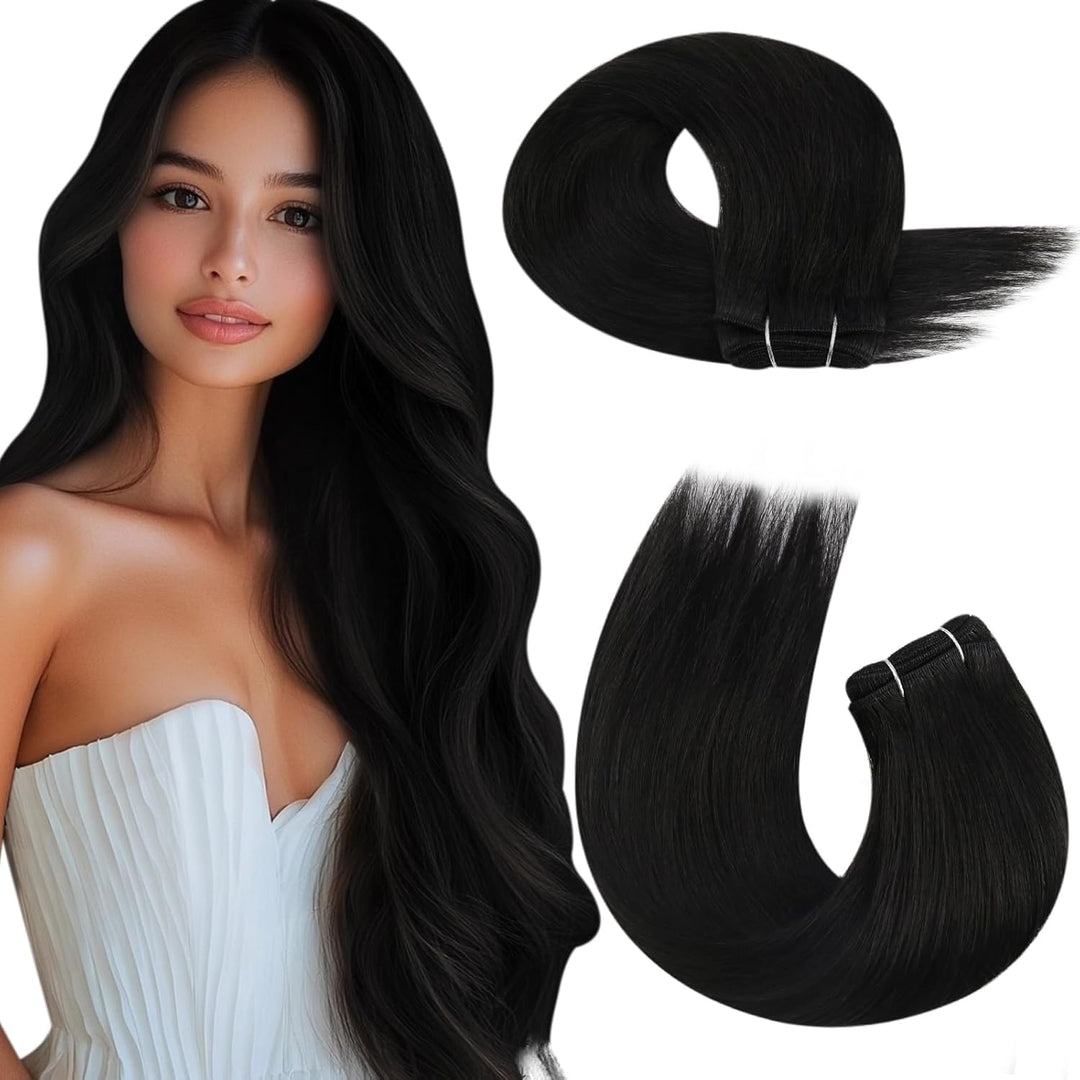 Moresoo Haartressen Echthaar zum Einnähen Haarverlängerungen Schwarz 40 cm Echthaar Tressen Natürlic