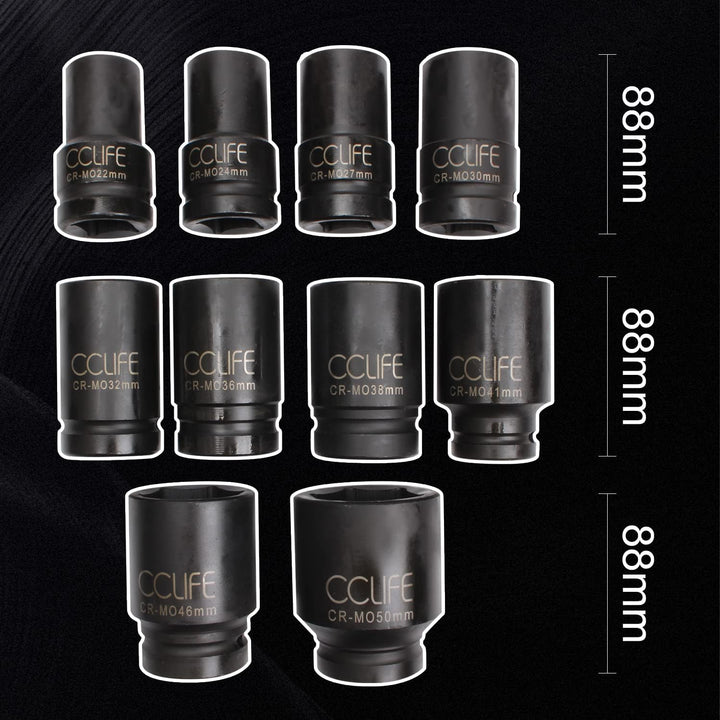 CCLIFE 10tlg 3/4 zoll Kraft Schlagschrauber Nüsse Sechskant Nuss Schlagnuss 22-50MM lang Steckschlüs