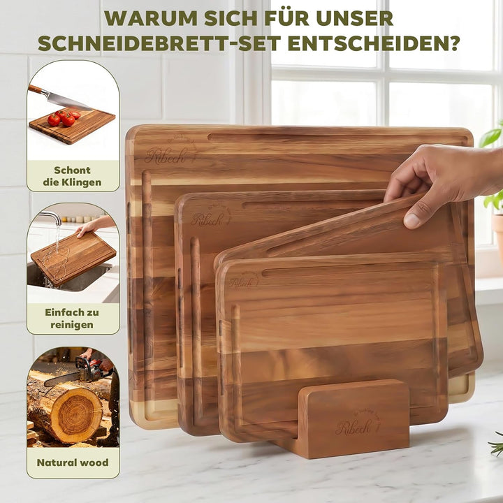 Schneidebrett Set 4-teilig aus Akazienholz inklusive Aufbewahrungsständer | 40x30cm 33x24cm 26x18cm