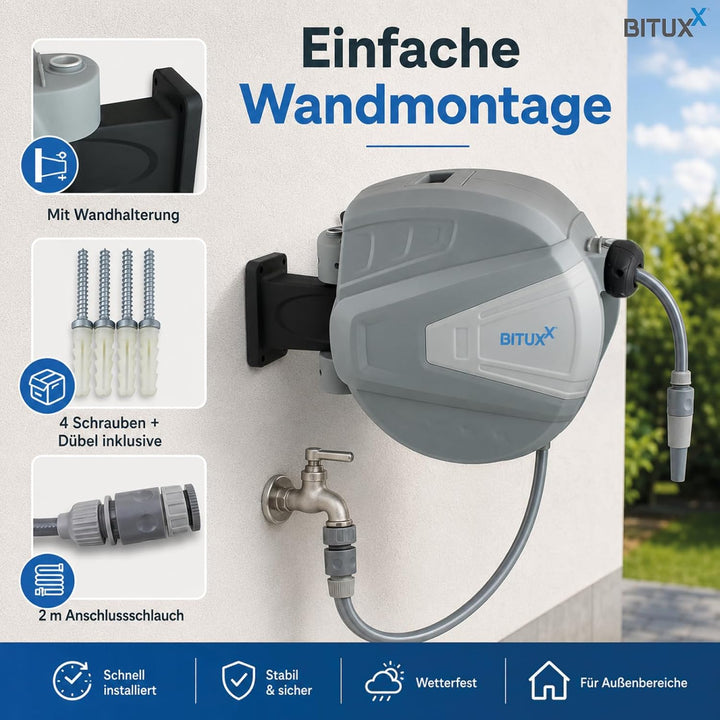 Bituxx Wand Wasser Schlauchtrommel Schlauchaufroller Wasserschlauchaufroller Schlauchbox Automatik (