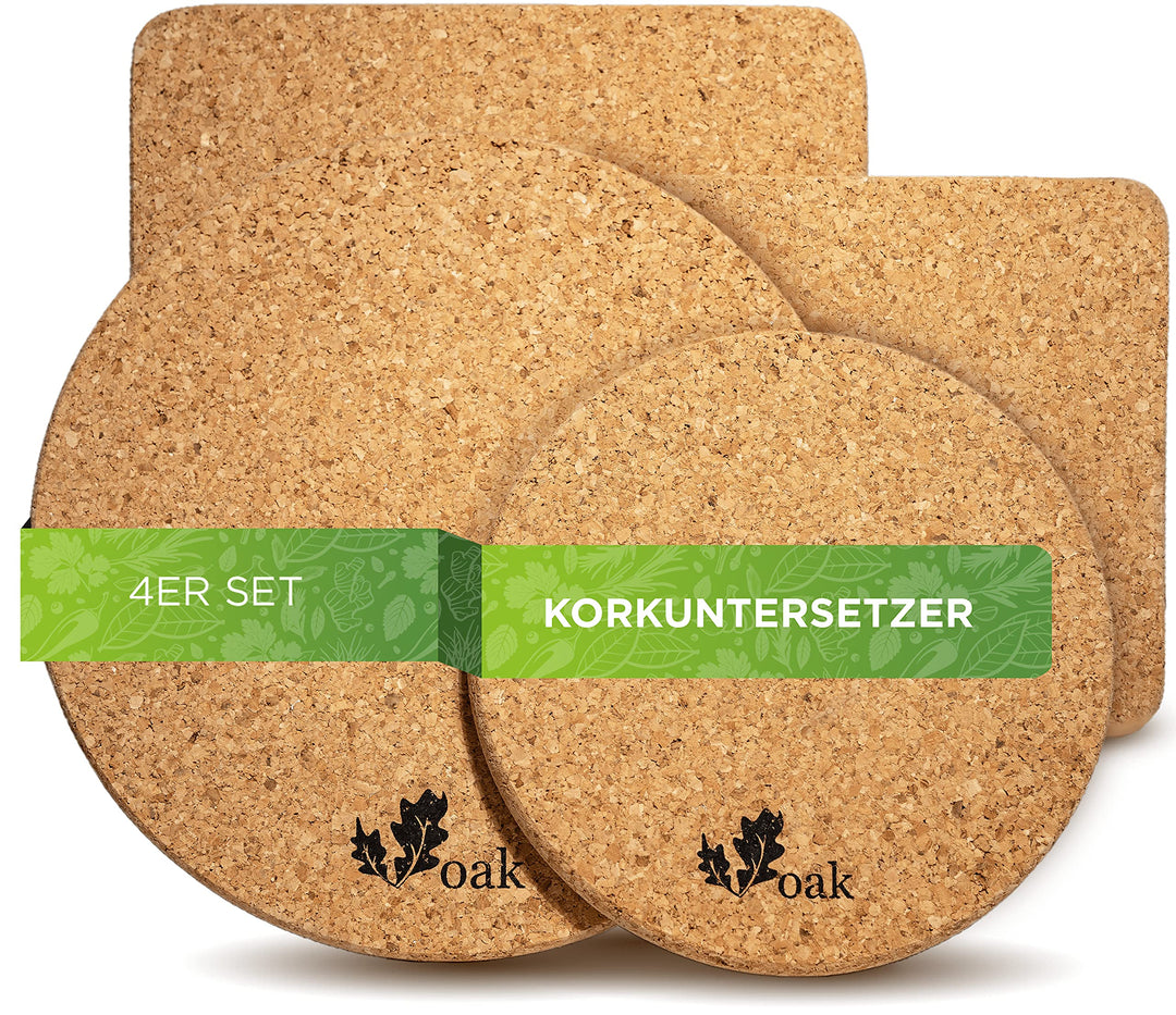 Voak® Topfuntersetzer Korkuntersetzer 4er Set | 2 runde 2 eckige Kork Untersetzer | 100% Natur Kork