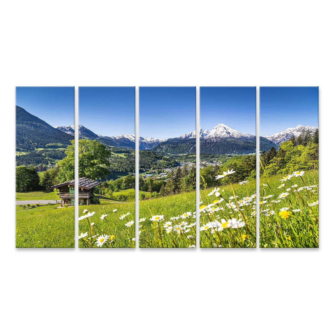 islandburner Bild auf Leinwand Idyllische Sommerlandschaft Alpen Berghütte Schönes Bayerisches Dorf