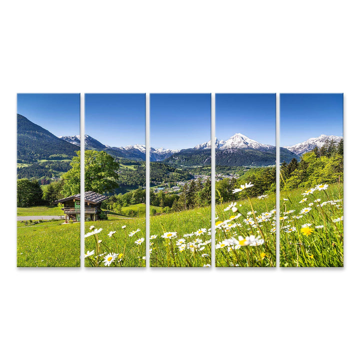 islandburner Bild auf Leinwand Idyllische Sommerlandschaft Alpen Berghütte Schönes Bayerisches Dorf
