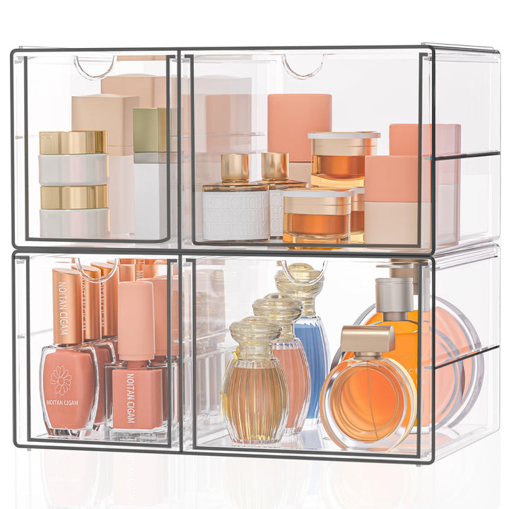 Make Up Organizer mit 4 Schubladen: 2er-Set Acryl Organizer mit Anti-Rutsch-Pads | Stapelbare Schubl
