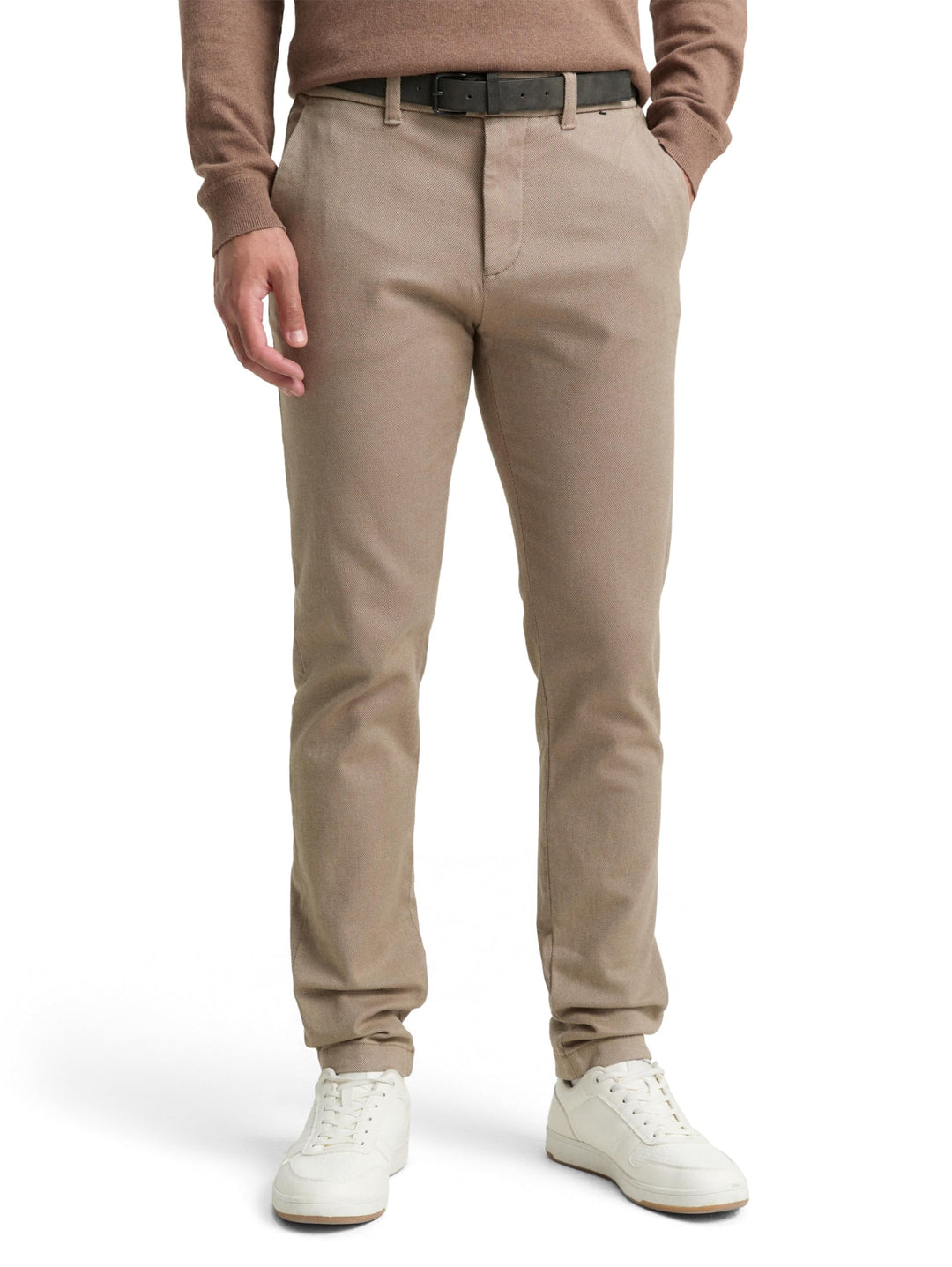 Tom Tailor Herren Slim Fit Chino Hose aus Stretch Piqué mit Gürtel 29W / 32L 38564 - Beige Brown Zig