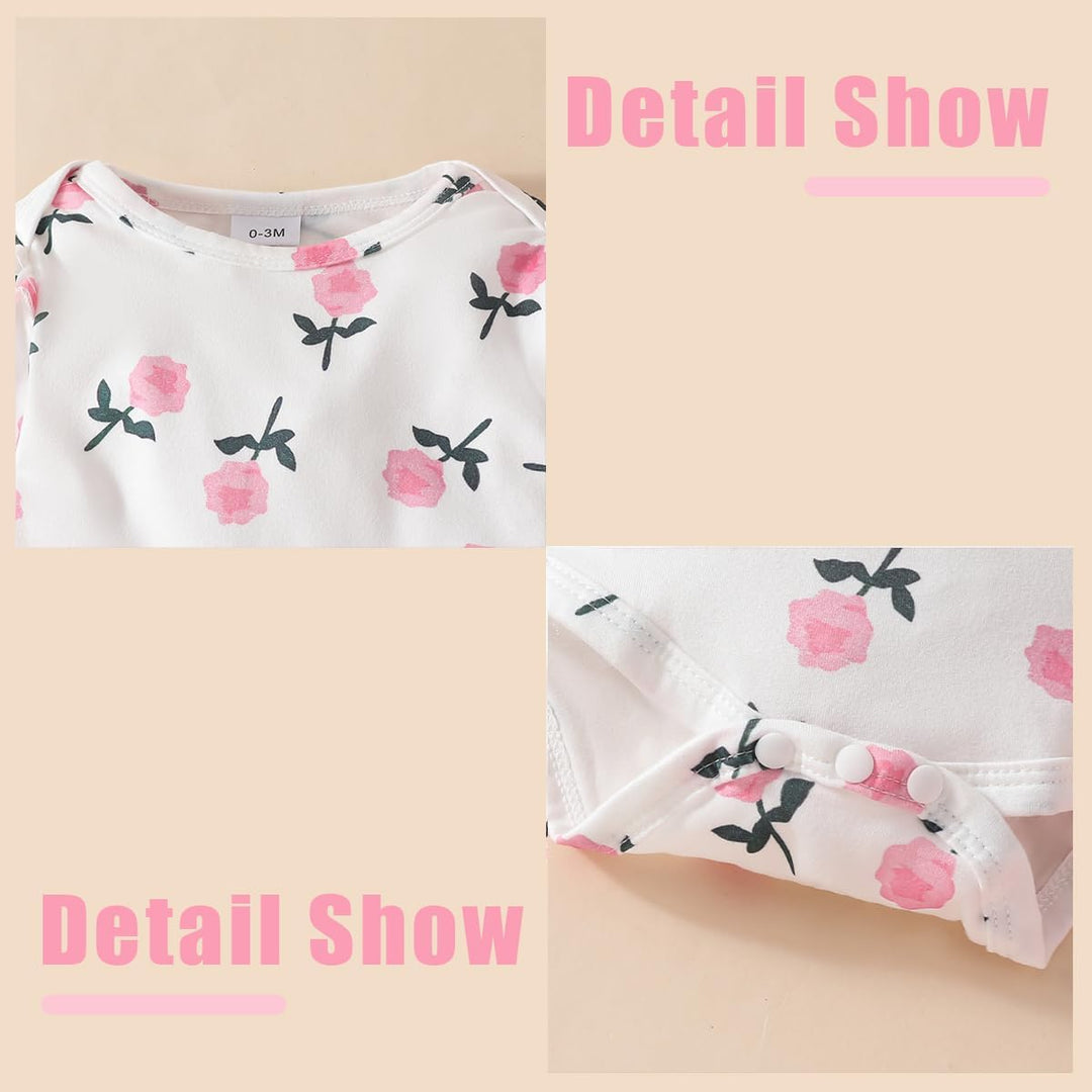 3tlg Baby Mädchen Kleidung Outfits Set Blumen Strampler Tops+ Einstellbare Overalls Pants+Stirnband