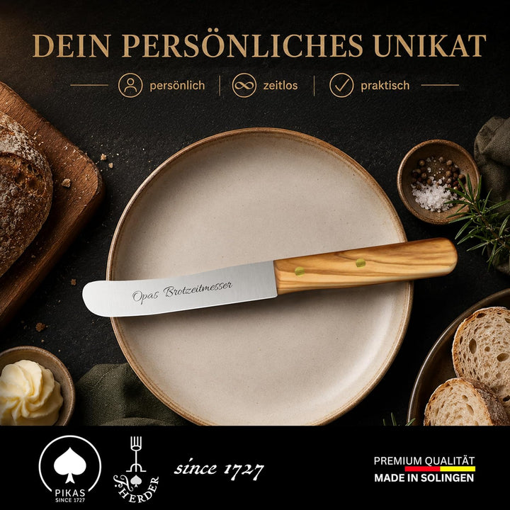 Personalisiertes Frühstücksmesser Solingen mit Holzgriff (Olive, 1x Glattschliff) Olive 1x Glattschl