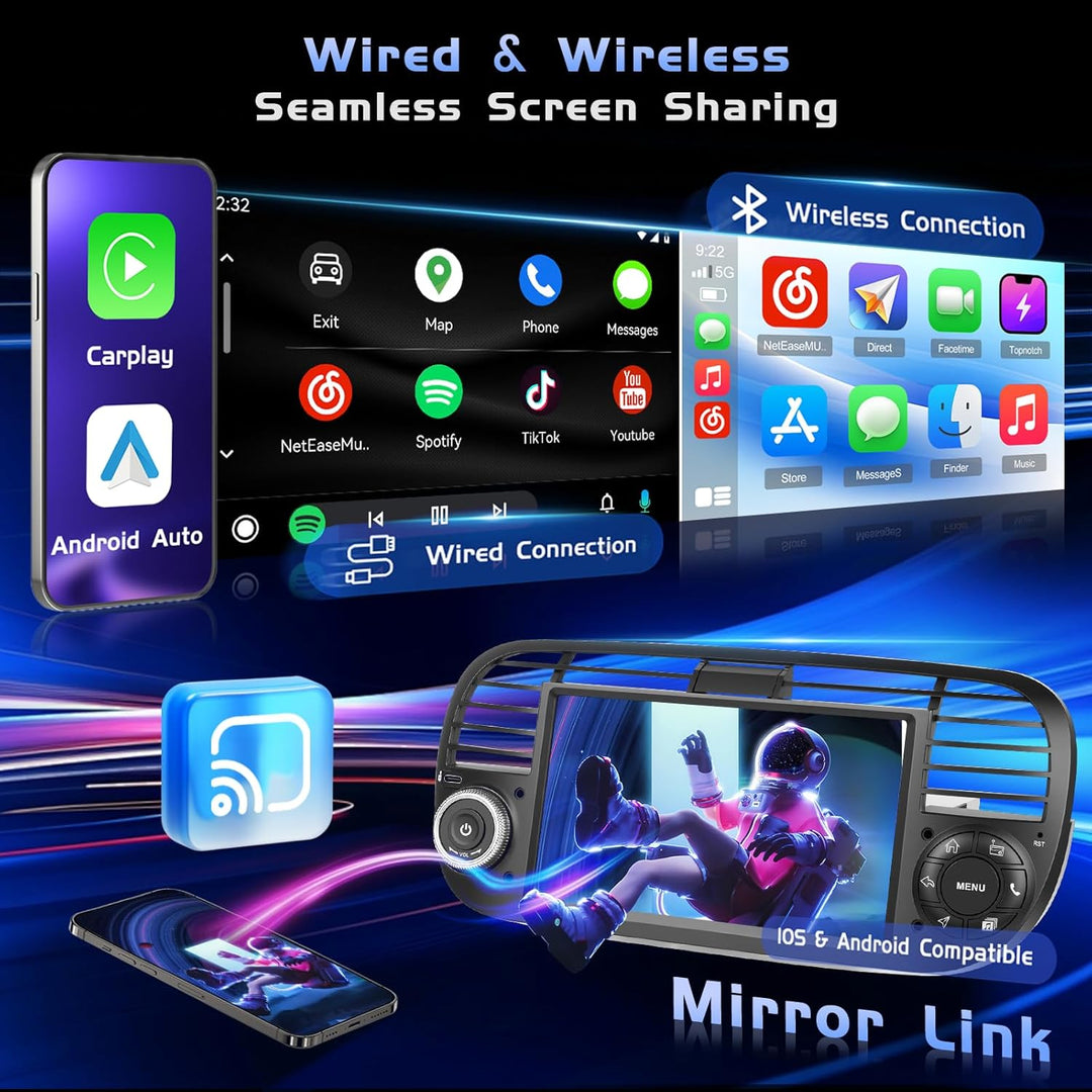 Hikity Android Autoradio mit Navi für FIAT 500 2007-2015 Bluetooth Autoradio mit Bildschirm 7 Zoll T