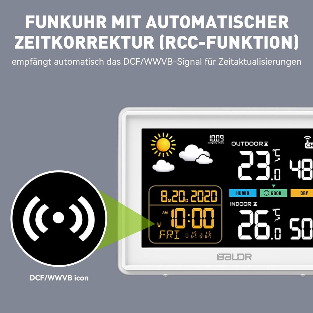 Konsen Wetterstation funk mit Aussensensor DCF Funkuhr, Farbdisplay mit grossen Zahlen von Innen und