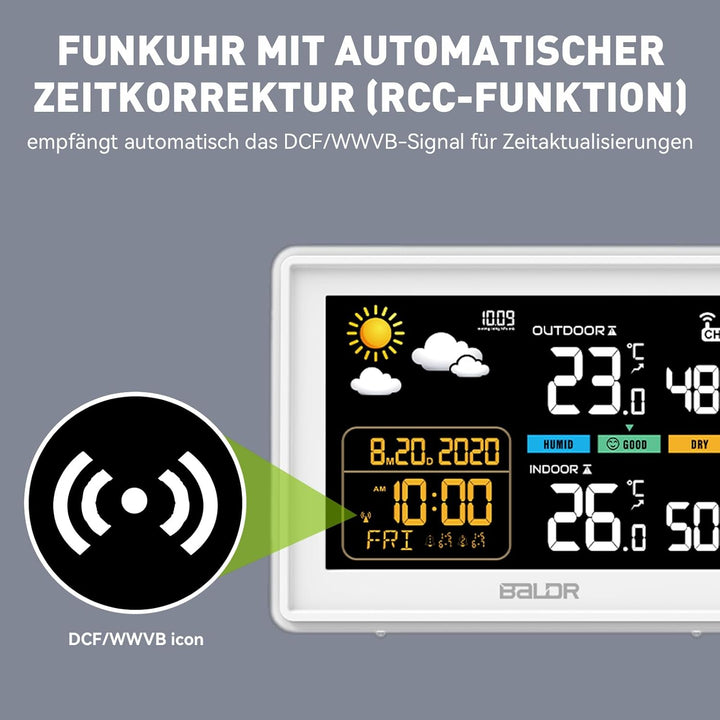 Konsen Wetterstation funk mit Aussensensor DCF Funkuhr, Farbdisplay mit grossen Zahlen von Innen und