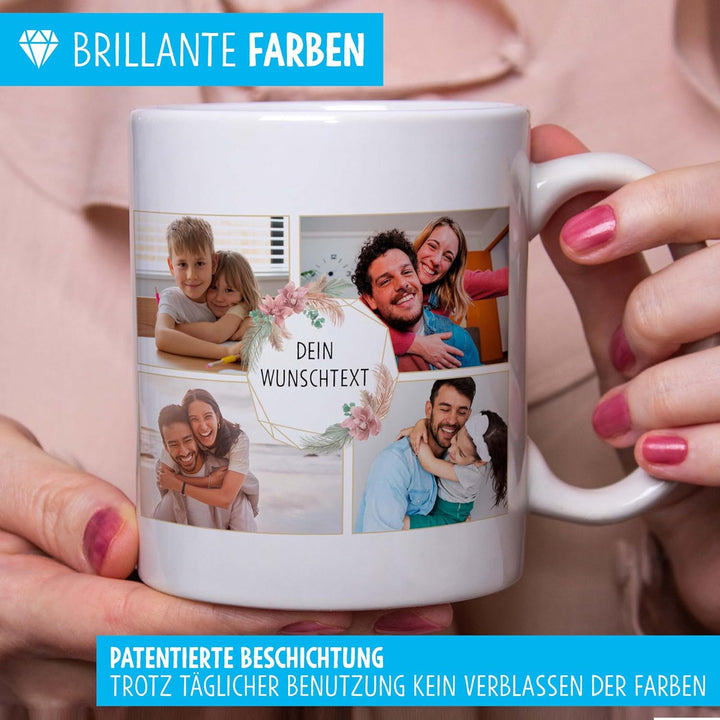 OWLBOOK® Personalisierte Tasse mit 8 Fotos & Spruch selbst gestalten | Fototasse mit eigenem Bild &