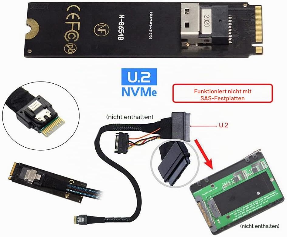 Xiwai NGFF M-Key NVME zu SFF-8654 Slimline SAS Kartenadapter und U.2 U2 SFF-8639 NVME PCIe SSD Kabel