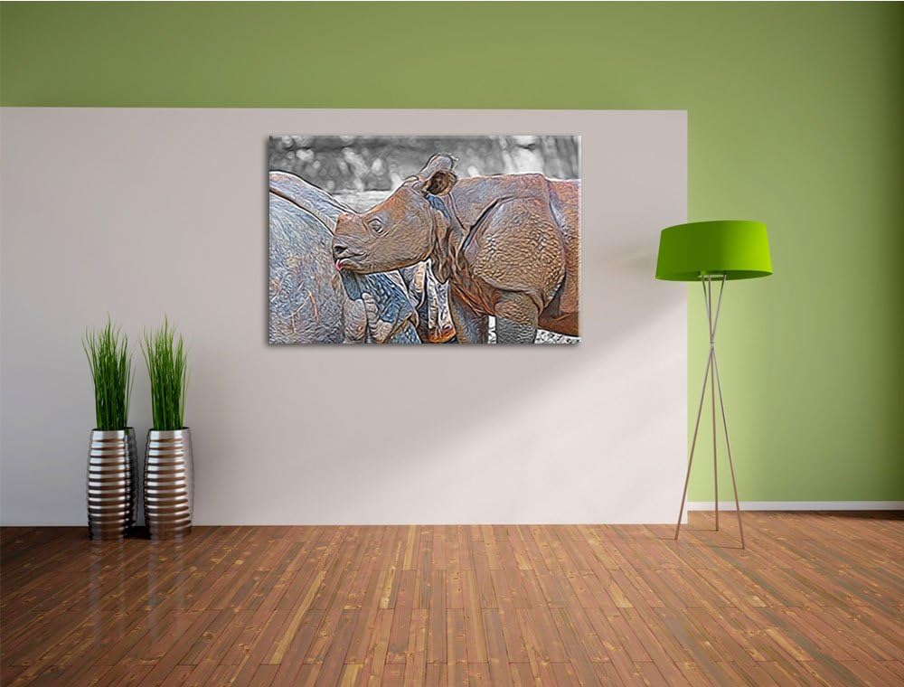 junges Nashorn schwarz/weiss Deluxe Format: 100x70 cm auf Leinwand, XXL riesige Bilder fertig gerahm