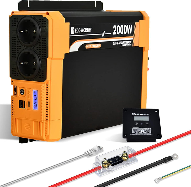 ECO-WORTHY Wechselrichter 12v auf 230v Reiner Sinus, Wechselrichter 2000w eingebautem Dual 18W USB-A