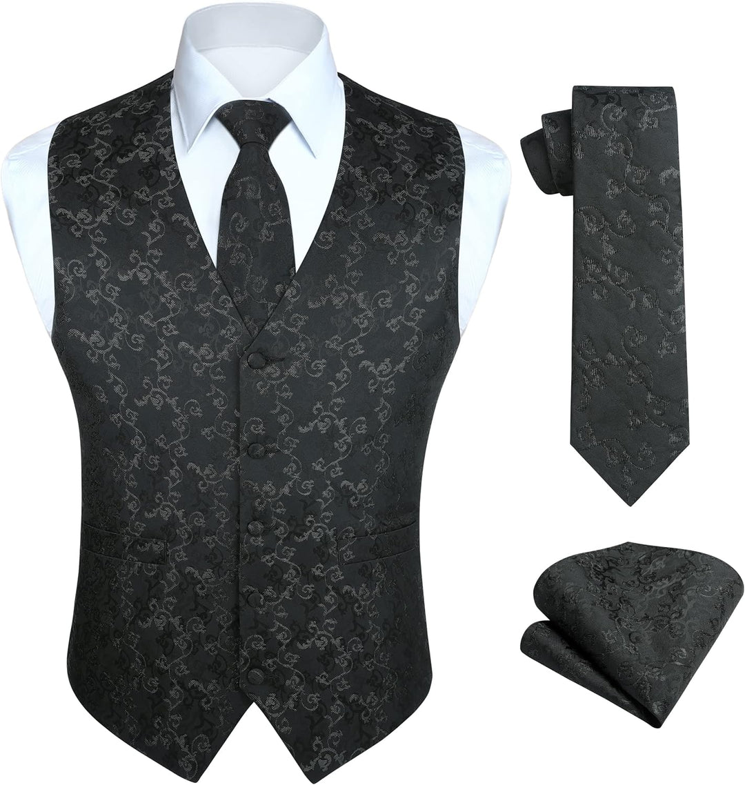 HISDERN Herren Weste Paisley Floral Jacquard Krawatte Einstecktuch Taschentuch Weste Anzug Set XXL S