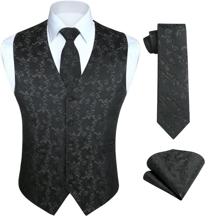 HISDERN Herren Weste Paisley Floral Jacquard Krawatte Einstecktuch Taschentuch Weste Anzug Set XXL S