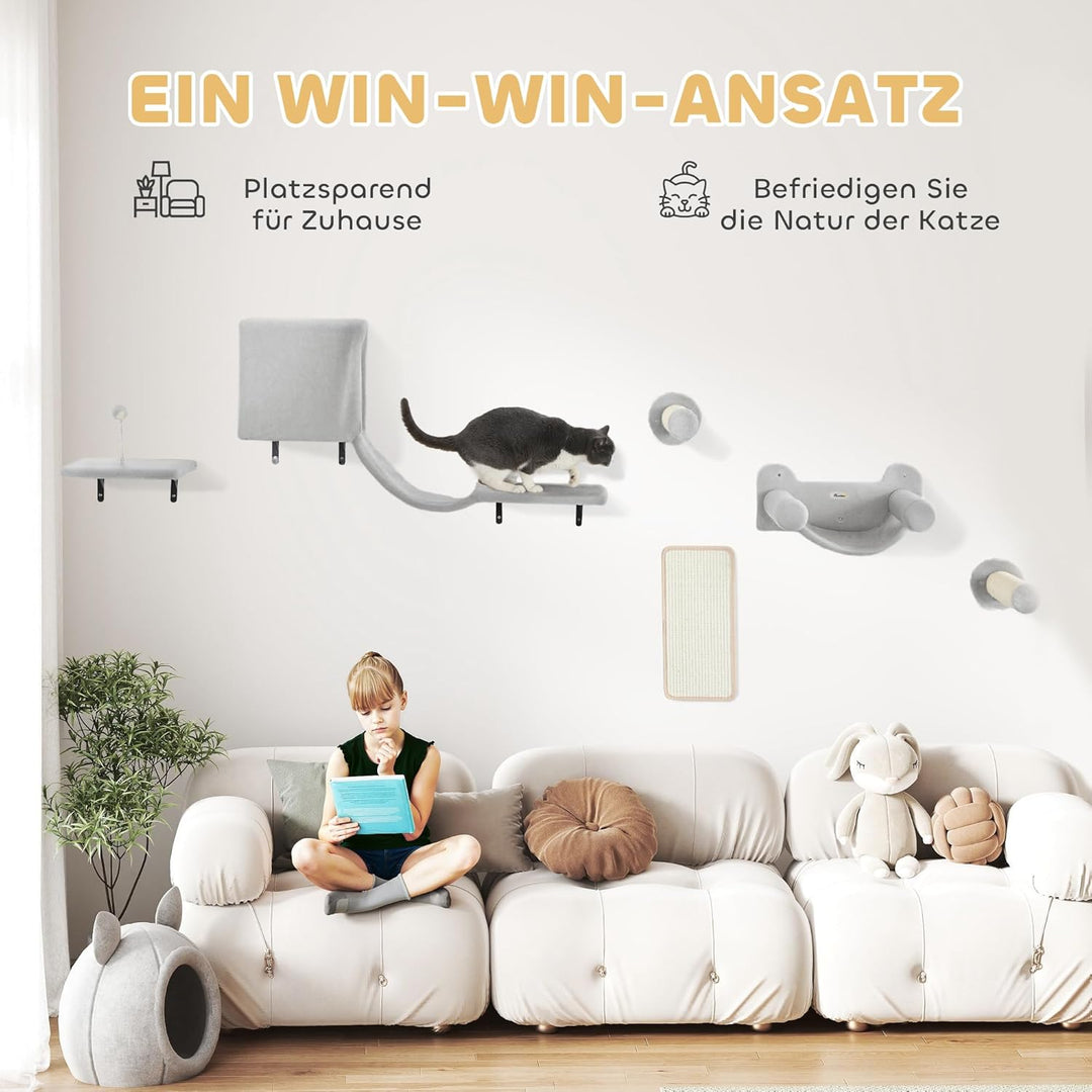 PawHut Kletterwand Katzen, 6-teilig Katzenkletterwand Set, Katzen Wandelemente mit Katzenhaus, Hänge