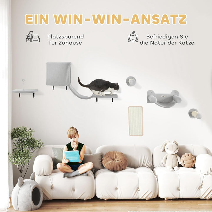 PawHut Kletterwand Katzen, 6-teilig Katzenkletterwand Set, Katzen Wandelemente mit Katzenhaus, Hänge