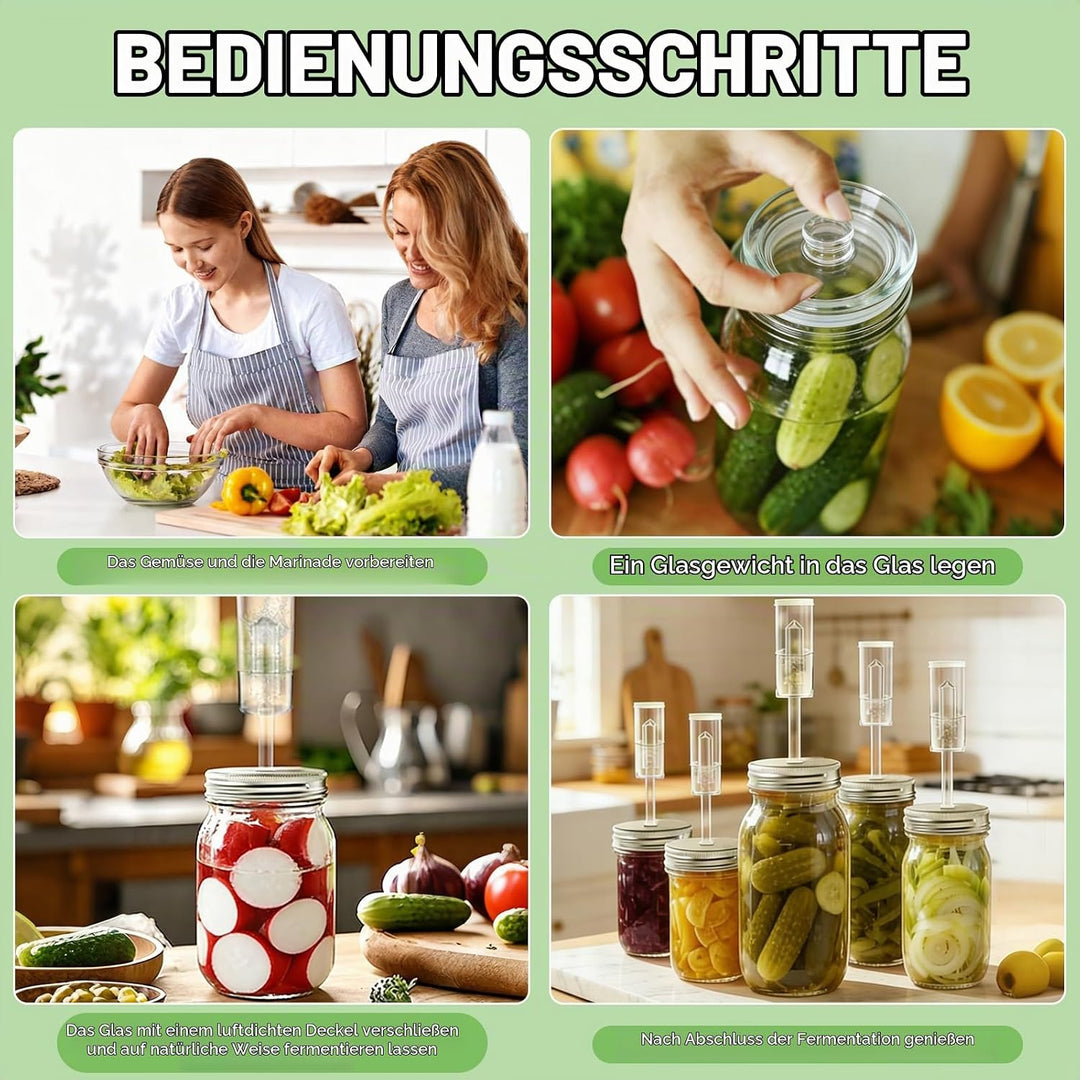 4er-Set Gärluftschleusendeckel, 4 Edelstahl-Gärdeckel mit Luftschloss, 4 Glasgewichte, für Einmachgl