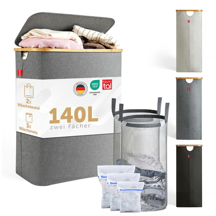 Blumtal Wäschesammler 140 L - Wäschekorb 2 Fächer mit herausnehmbarem Wäschesäcken - Pfandflaschen A