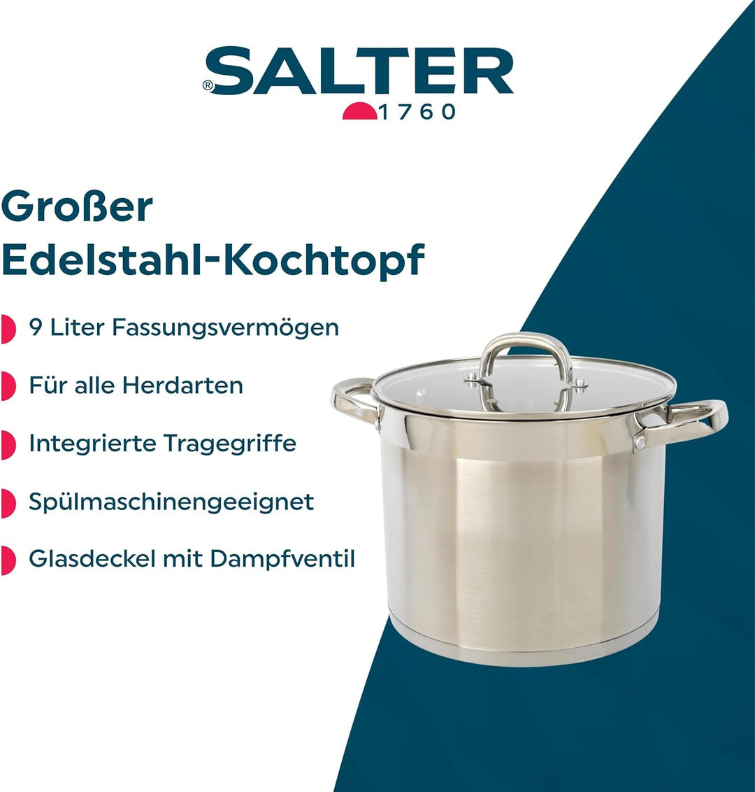 Salter Timeless 24cm Kochtopf - Antihaft-Edelstahl-Kochtopf, 9L, Inklusive Glasdeckel mit Dampfentlü