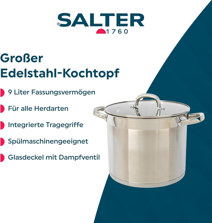 Salter Timeless 24cm Kochtopf - Antihaft-Edelstahl-Kochtopf, 9L, Inklusive Glasdeckel mit Dampfentlü