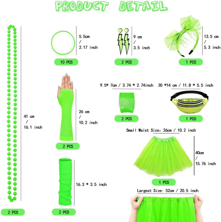 WILDPARTY 80er Jahre Outfit Damen Set, T-Shirt, Tutu, Gürteltasche, Stirnband, Ohrring, Halskette, N