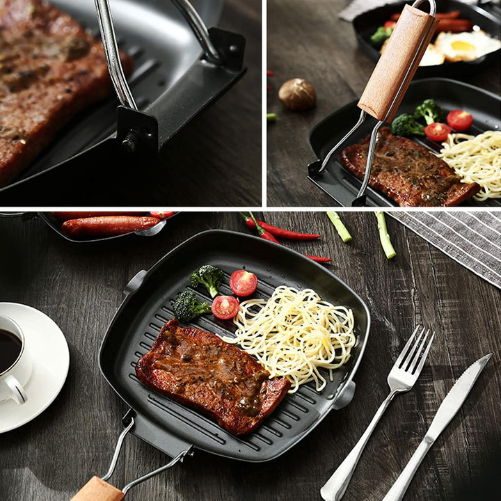 Grillpfanne aus Stahl, Antihaft-Grillpfanne, Bratpfanne für den Aussenbereich, klappbarer Buchengrif