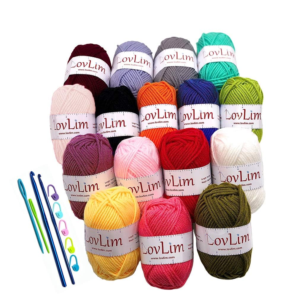 LovLim Häkelgarn-Set, 16 weiche Baumwollgarnknäuel, 914 m lang, zum Häkeln und Stricken, Häkel-/Amig