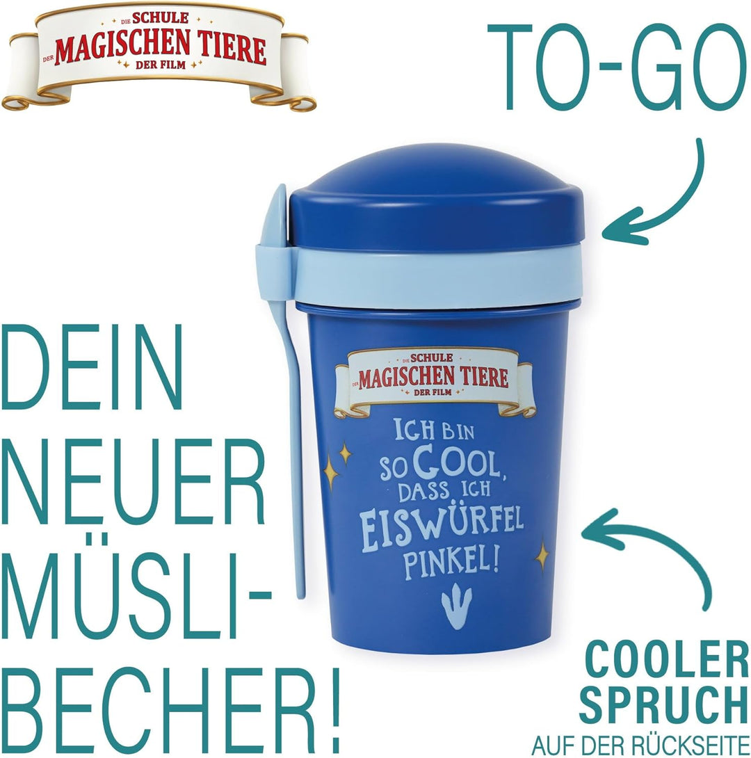 AWAVE Die Schule der Magischen Tiere Müslibecher To Go 540 ml rPET Blau Juri, Becher mit Löffel für