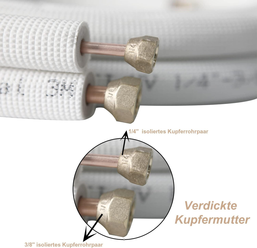 2x 4m 1/4"+3/8" Zoll Kupferleitungen Kältemittelleitungen Isoliert Kupferrohr für 9000/12000 BTU Mon