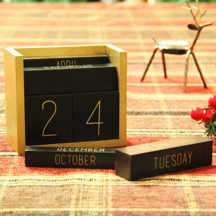 Juegoal Ewiger Holz-Kalender, Holzblock, Tageskalender, Büro, Schreibtischzubehör (schwarz)