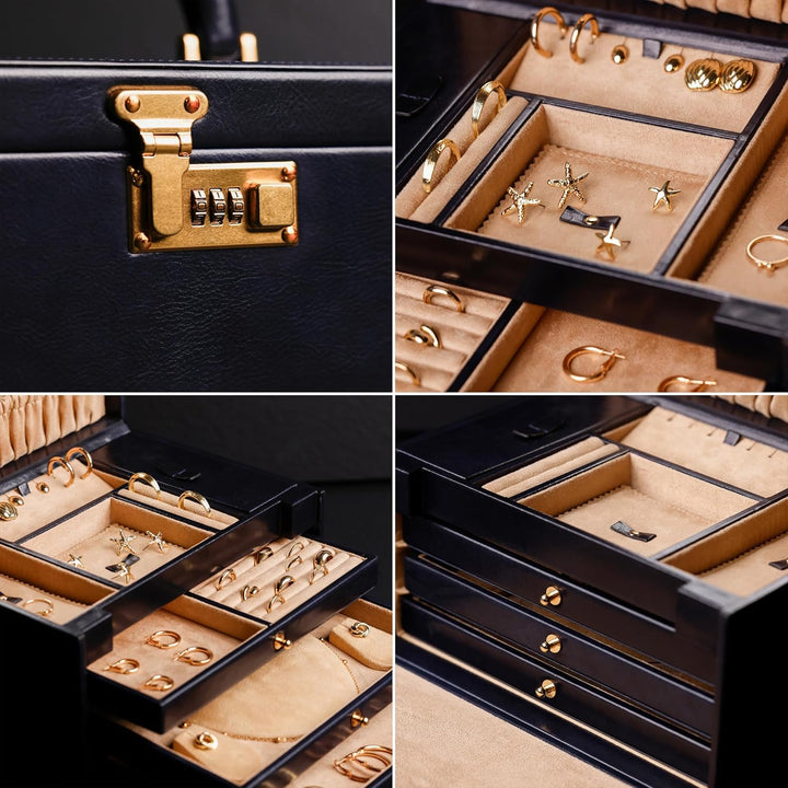Time Resistance Marineblau Leder-Schmuckkästchen Vollnarbenleder Schmuck Organizer Aufbewahrung von