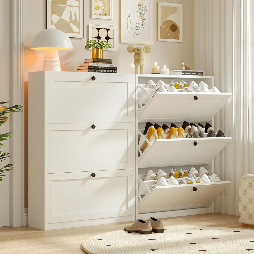 VOWNER Schuhschrank mit 3 Klappen, Schuhregal Schuhkipper Schmal, Schuhschrank Weiss, mit 6 Fächern,