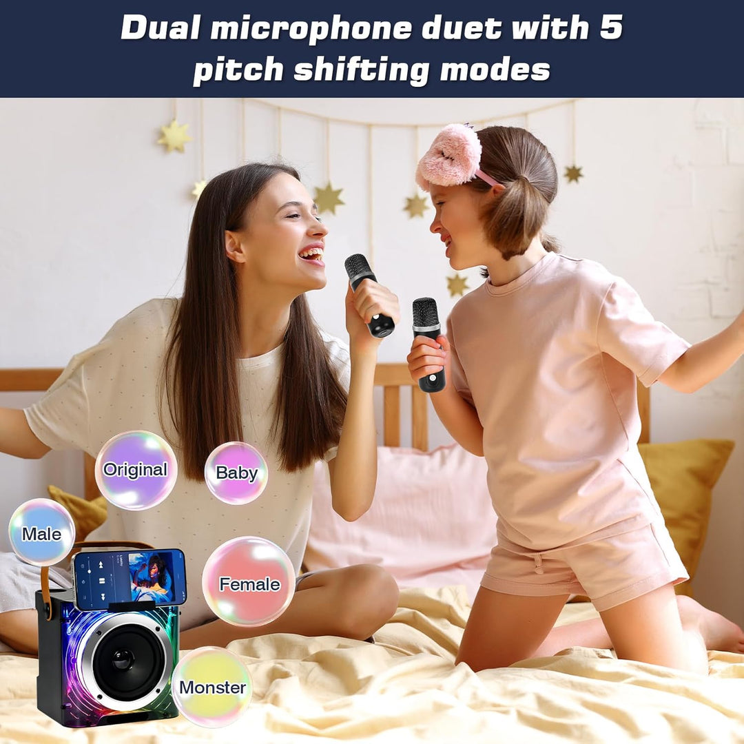 Karaoke Maschine mit 2 Mikrofone, Lautsprecher Box mit Lichteffekte, Tragbaren 5.3 Bluetooth Lautspr