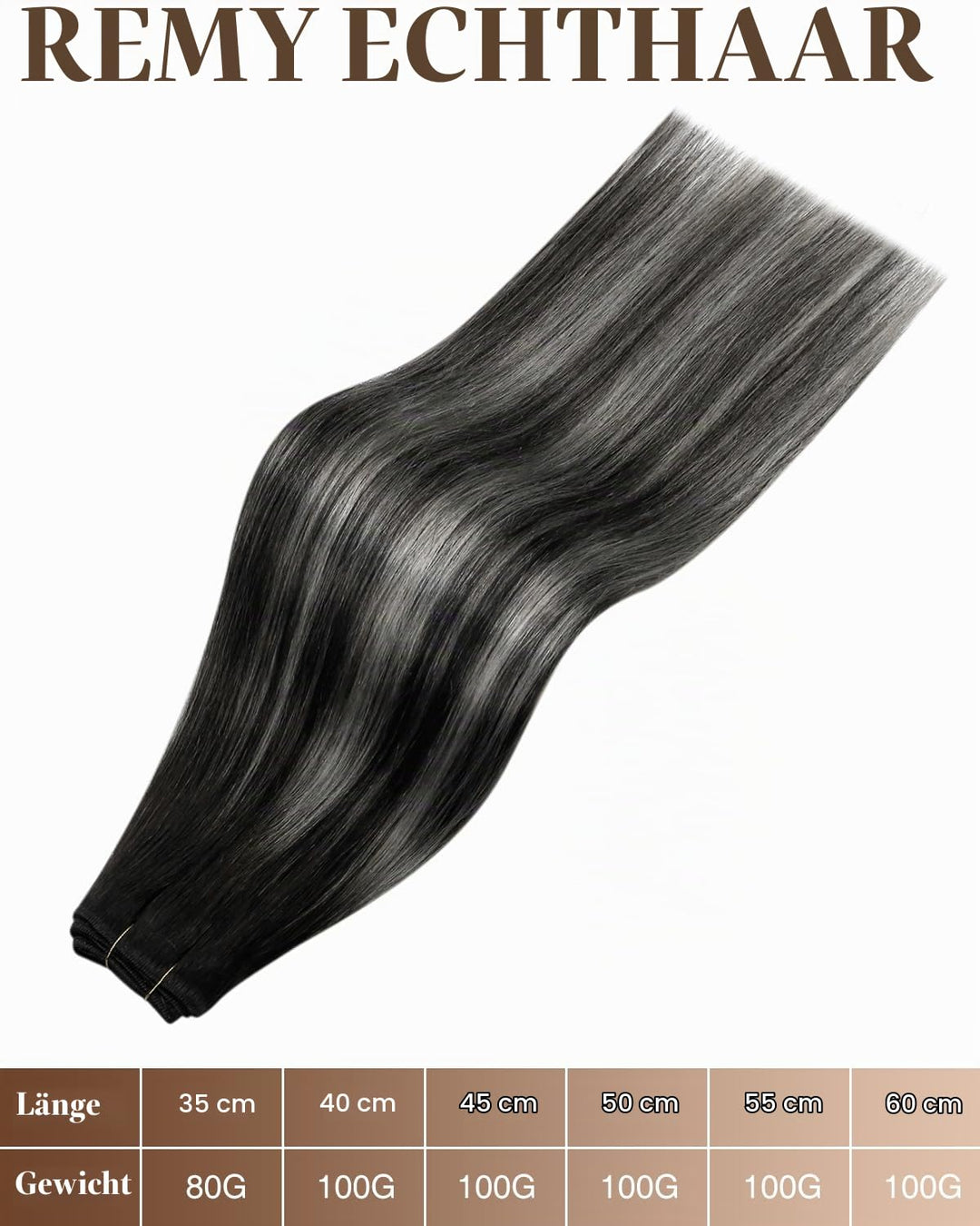 Hetto Tressen Echthaar Balayage Schwarz &amp; Silber 50cm 100g - Für Komplette Verlängerungen, Robuste W